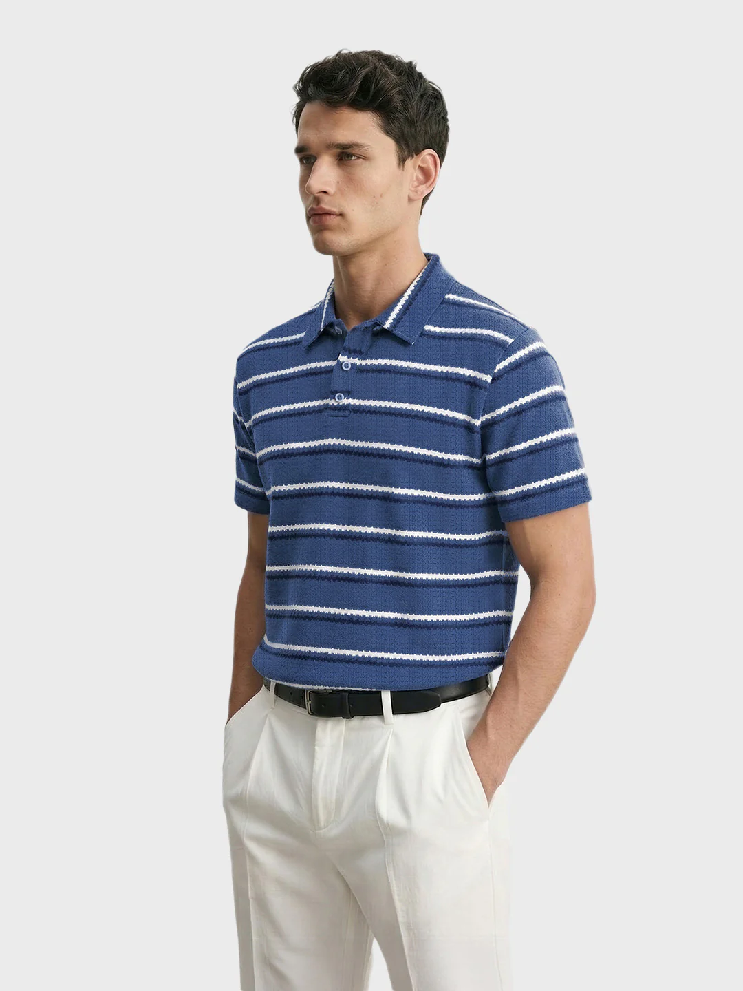 Men's Blue Regular Fit Striped Casual T-Shirt - Image 4
