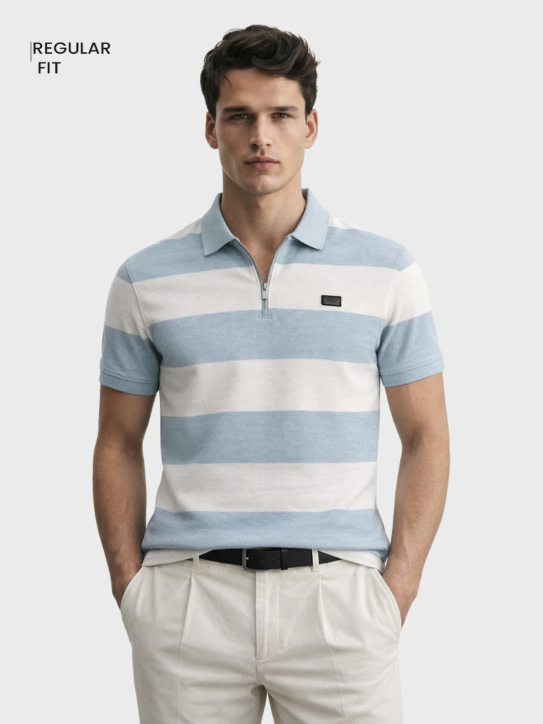 Men's Blue Regular Fit Striped Casual T-Shirts - Image 2