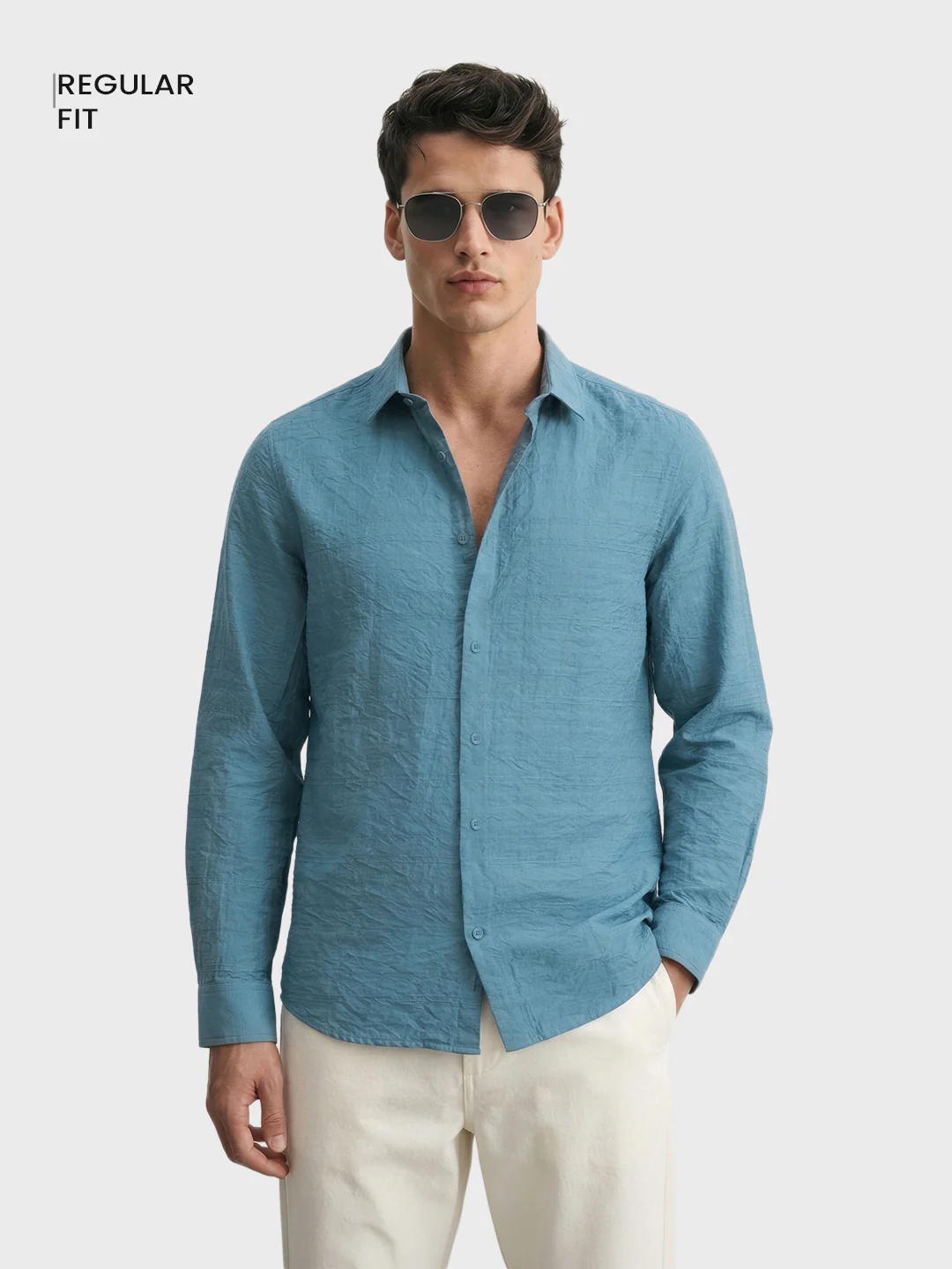 Men's Blue Regular Fit Textured Casual Shirt - Image 2