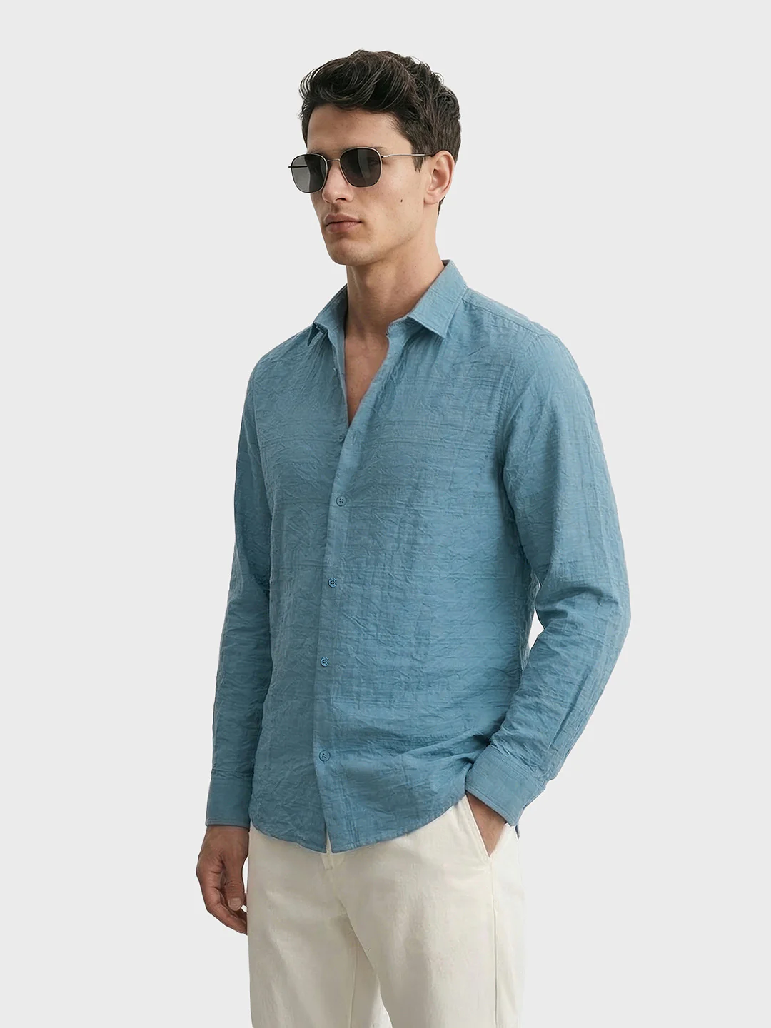 Men's Blue Regular Fit Textured Casual Shirt - Image 4