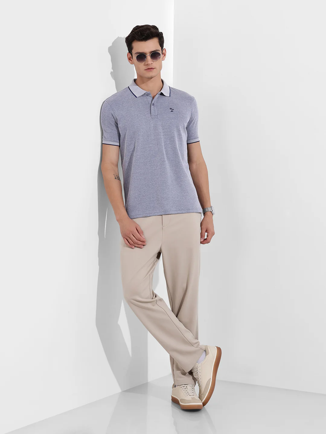 Men's Denim Blue Regular Fit Textured Casual T-Shirt - Image 2