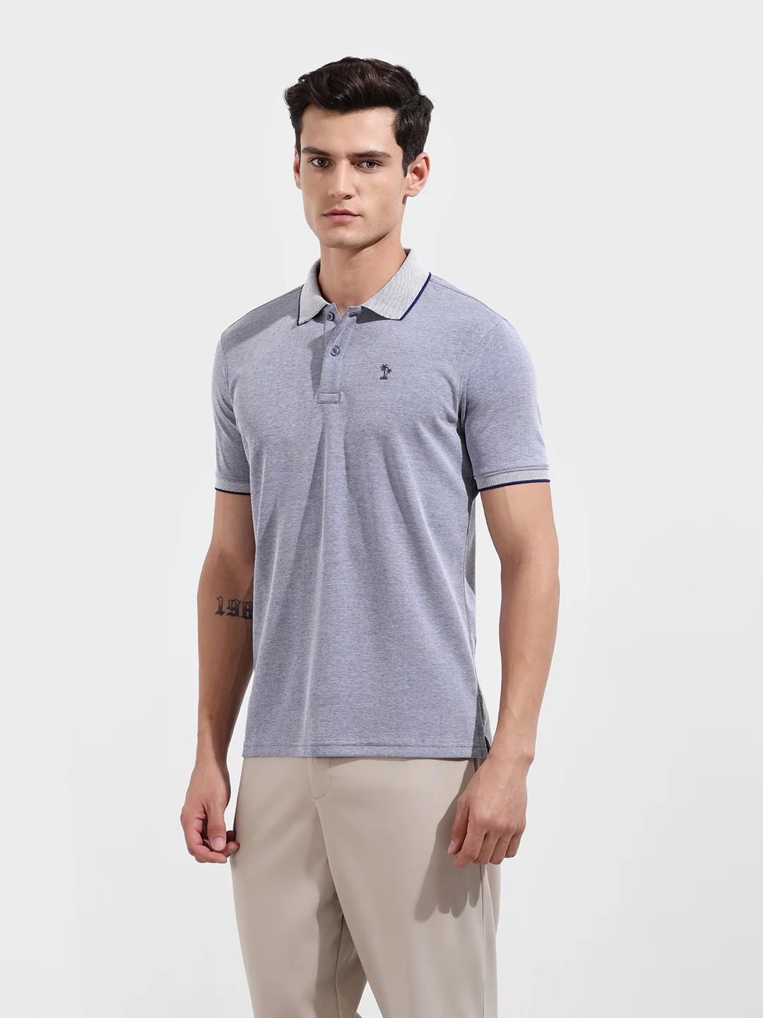 Men's Denim Blue Regular Fit Textured Casual T-Shirt - Image 4