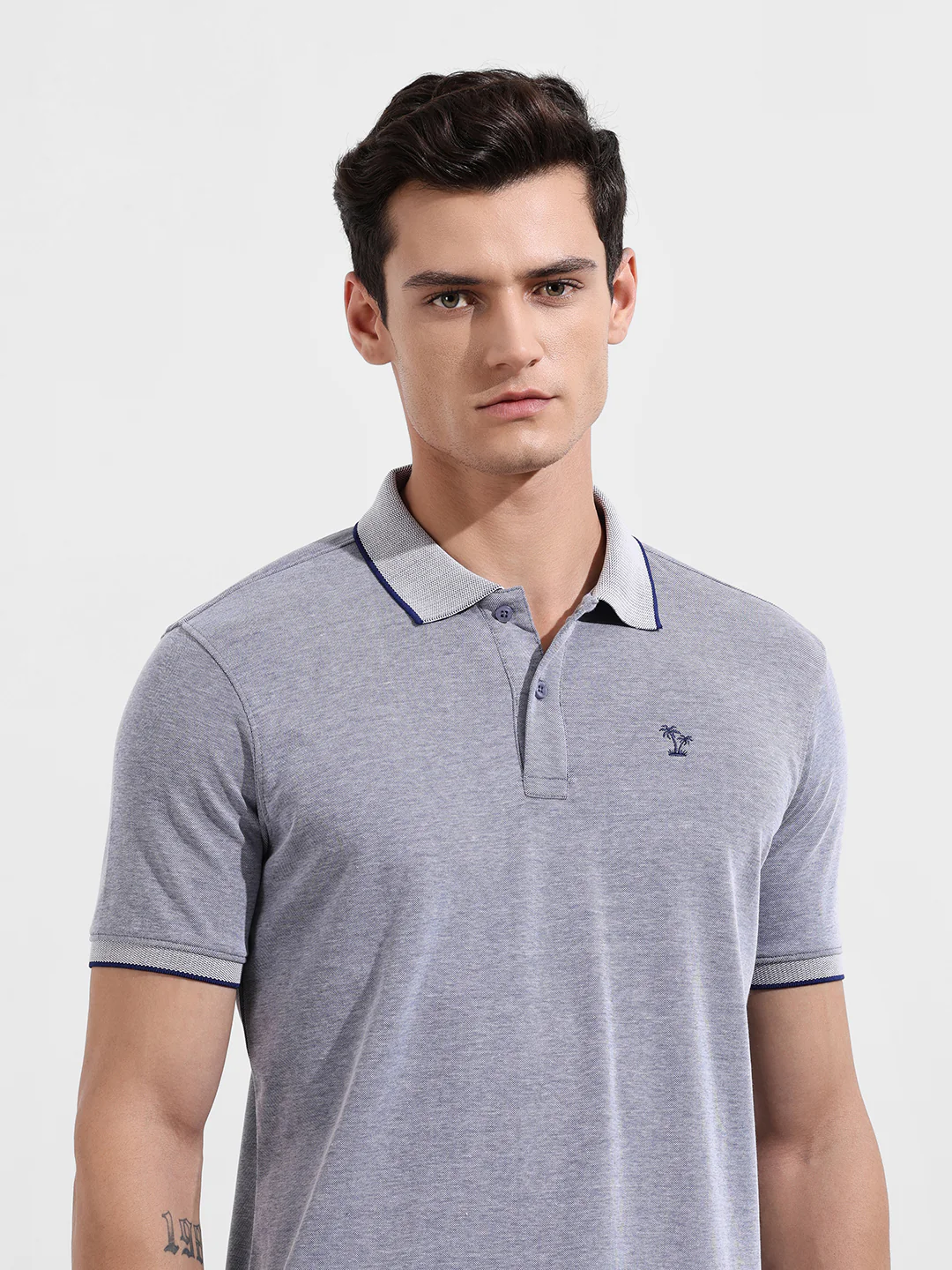 Men's Denim Blue Regular Fit Textured Casual T-Shirt - Image 5