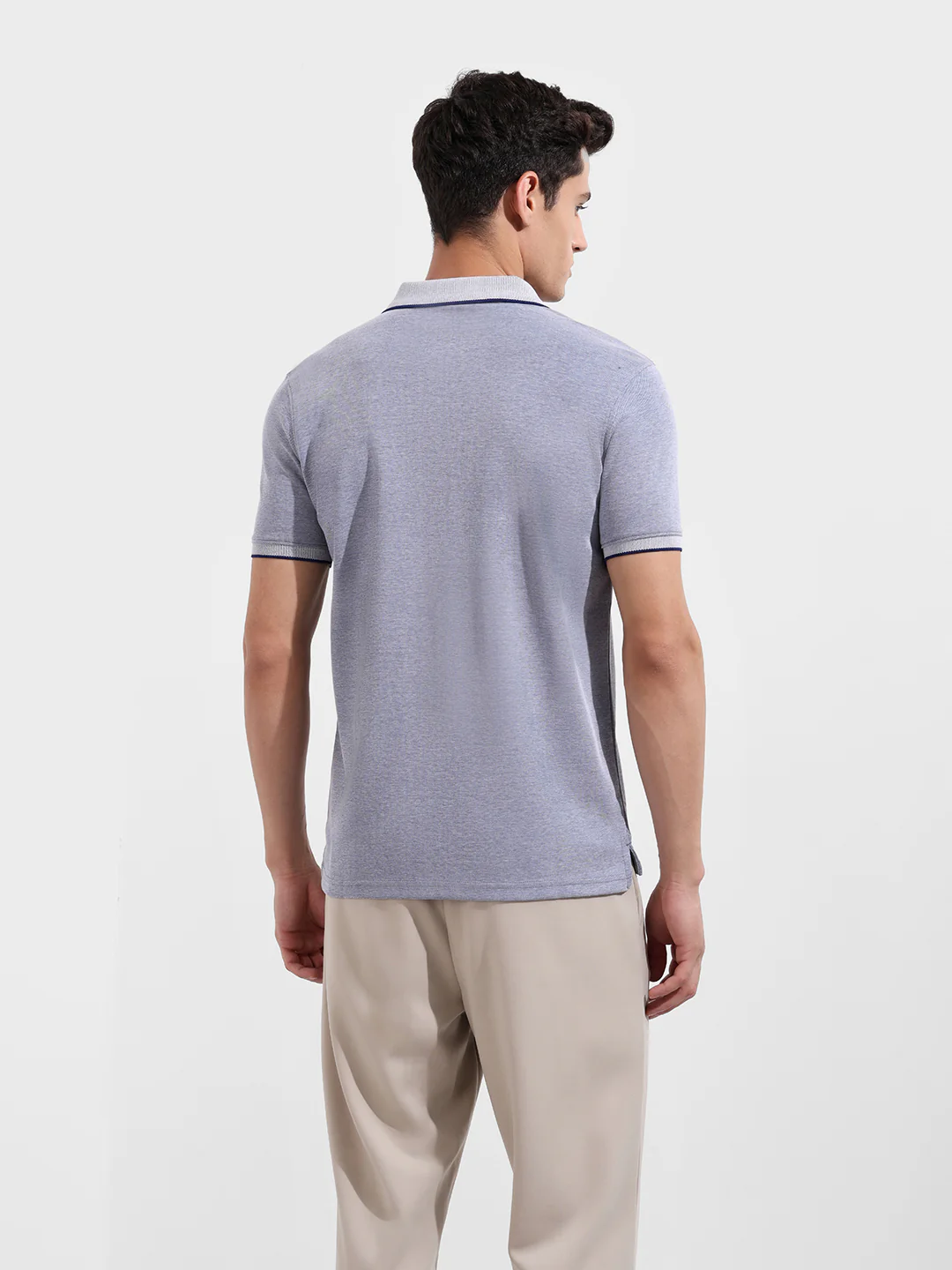 Men's Denim Blue Regular Fit Textured Casual T-Shirt - Image 6