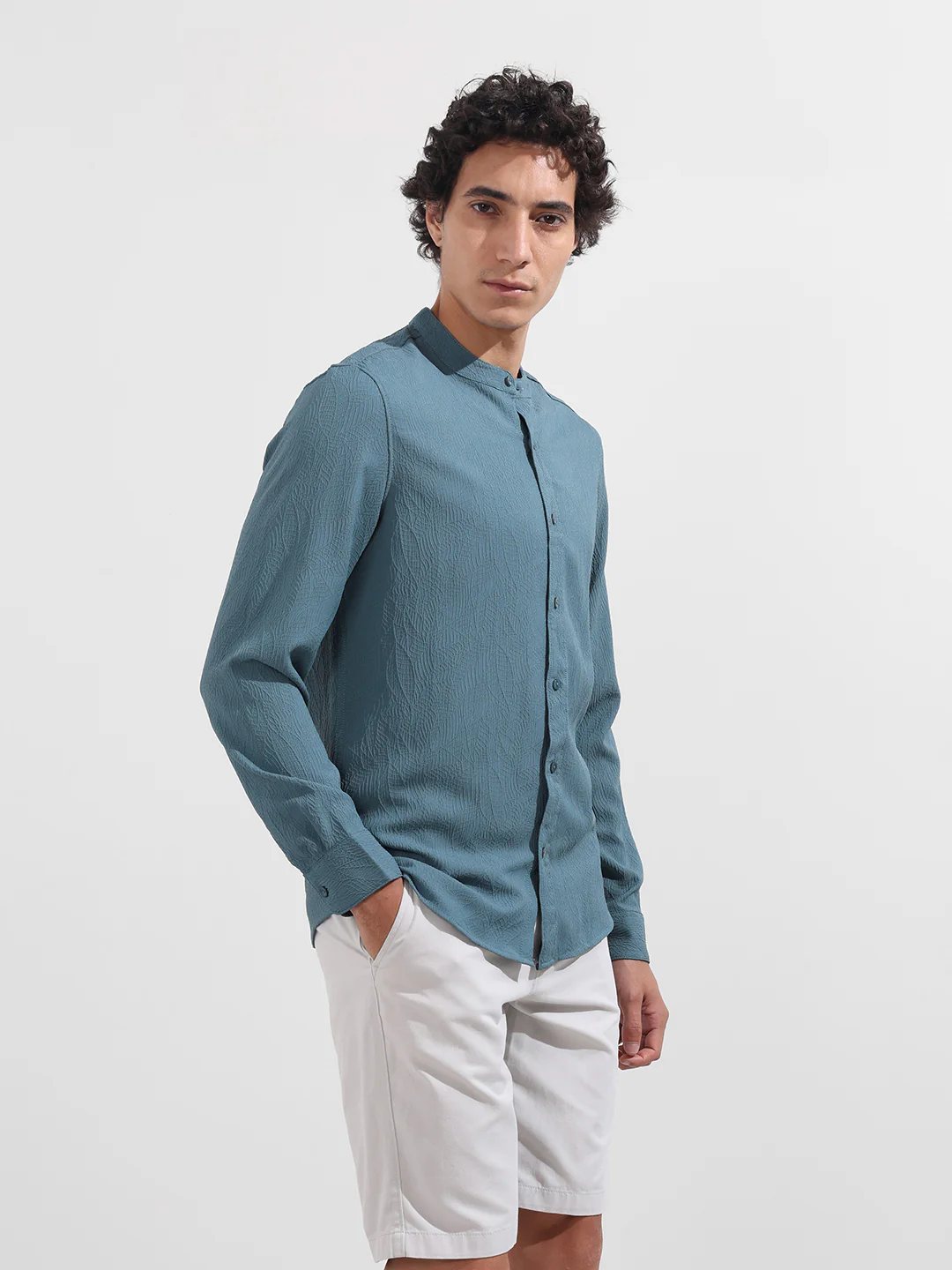 Men's Blue Regular Fit Textured Resort Wear Shirt - Image 4