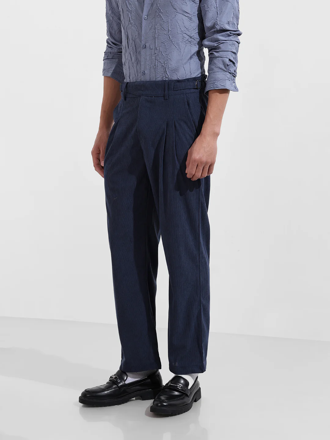 Men's Dark Denim Relaxed Fit Textured Casual Trousers - Image 3