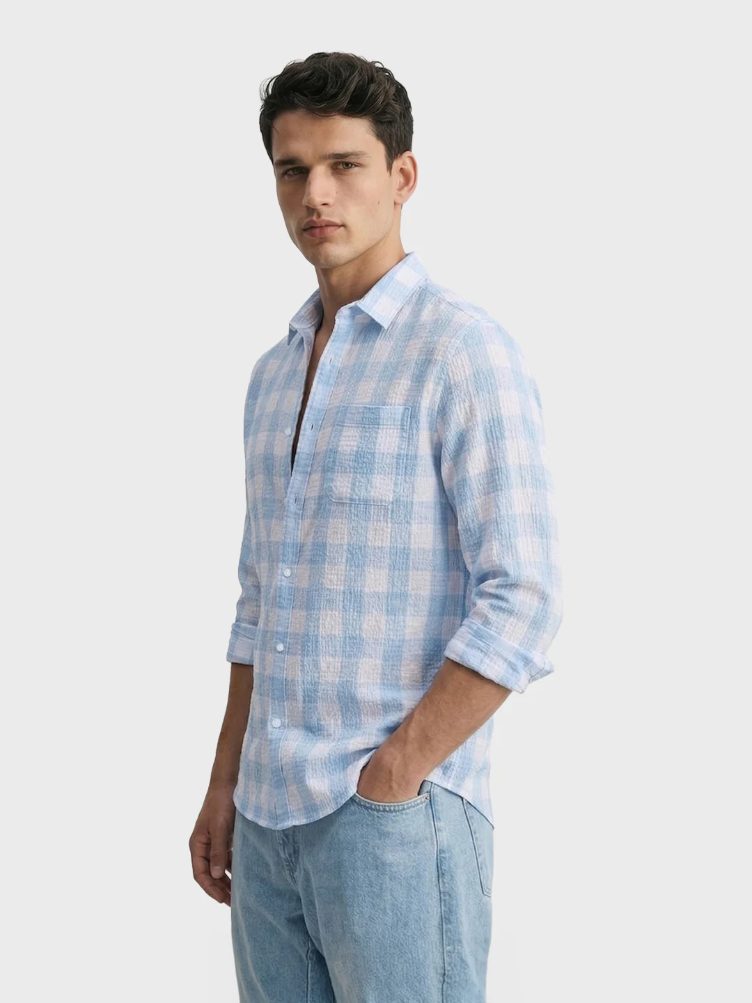 Men's Blue Relaxed Fit Checkered Oddinary Shirt - Image 3