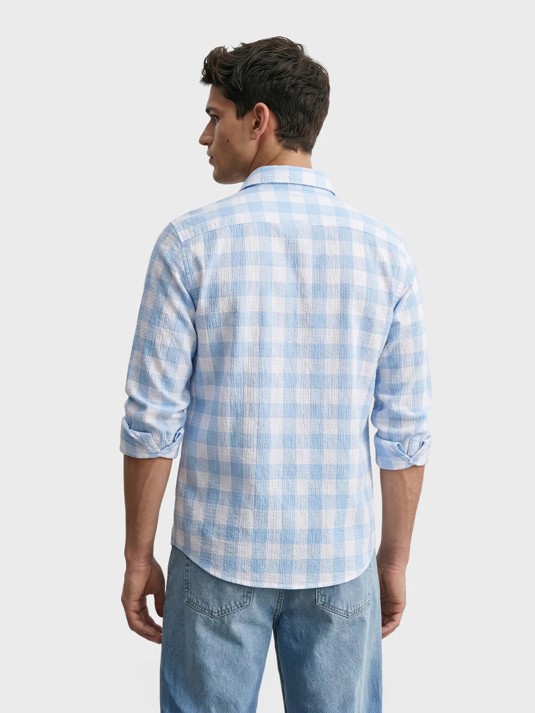 Men's Blue Relaxed Fit Checkered Oddinary Shirt - Image 4