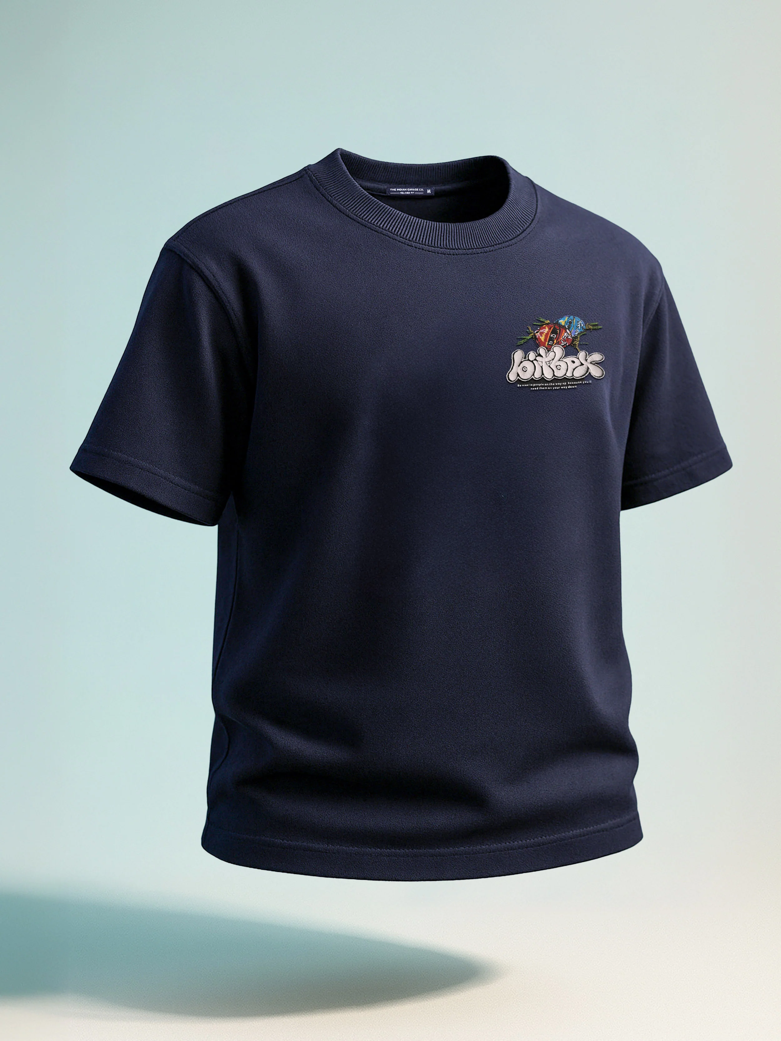 Men's Blue Relaxed Fit Embroided 240 GSM Casual T-Shirt - Image 2