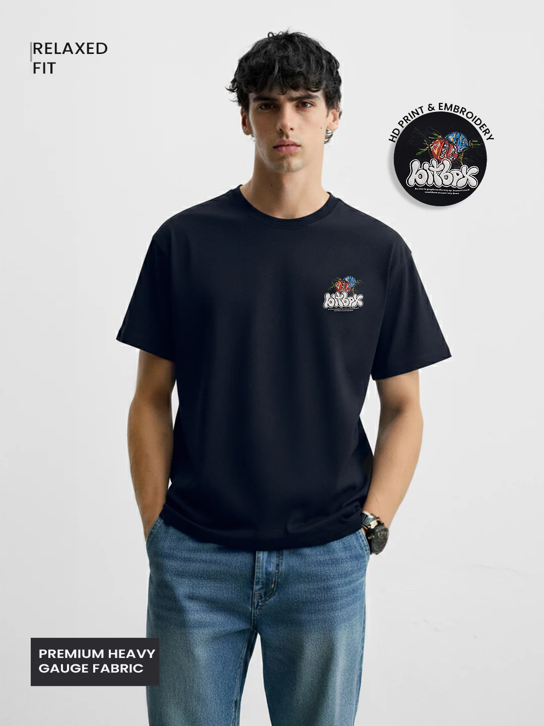 Men's Blue Relaxed Fit Embroided 240 GSM Casual T-Shirt - Image 3