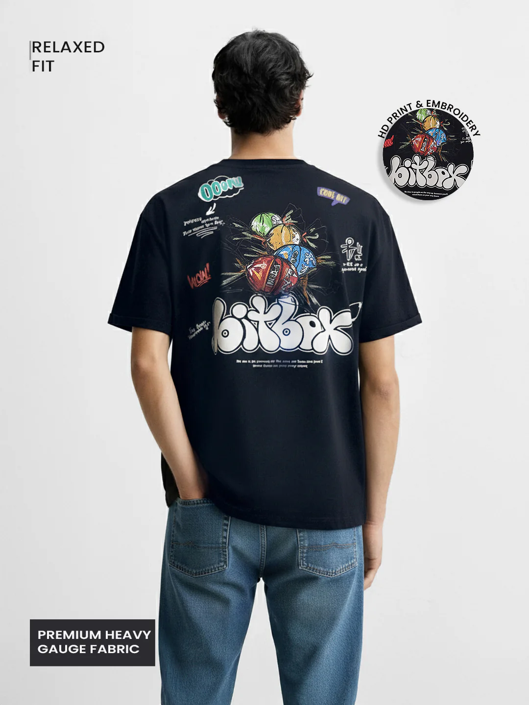 Men's Blue Relaxed Fit Embroided 240 GSM Casual T-Shirt - Image 4