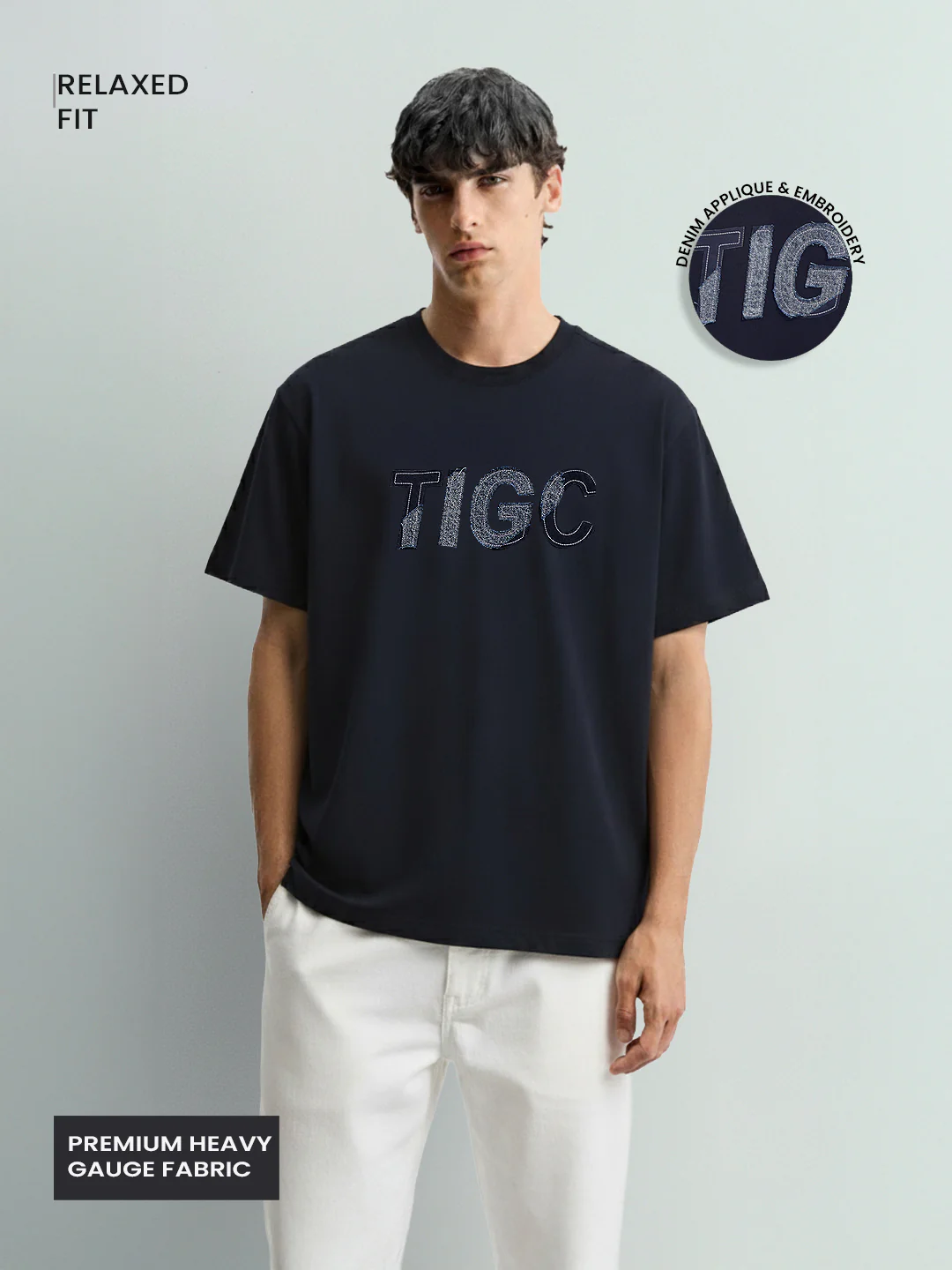 Men's Blue Relaxed Fit Embroided 240 GSM Casual T-Shirt - Image 3