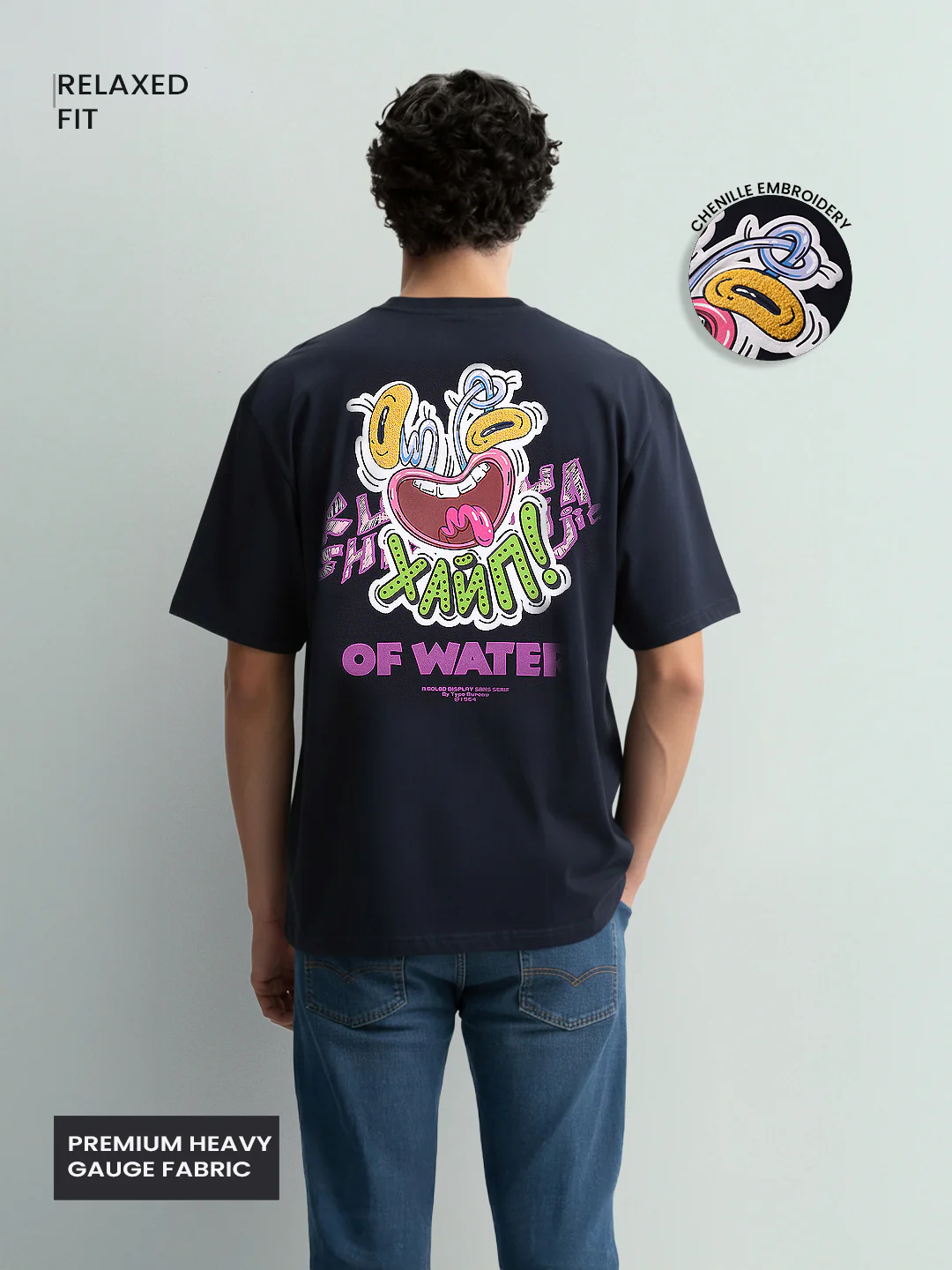 Men's Blue Relaxed Fit Embroided 240 GSM Graphic  T-Shirt - Image 3
