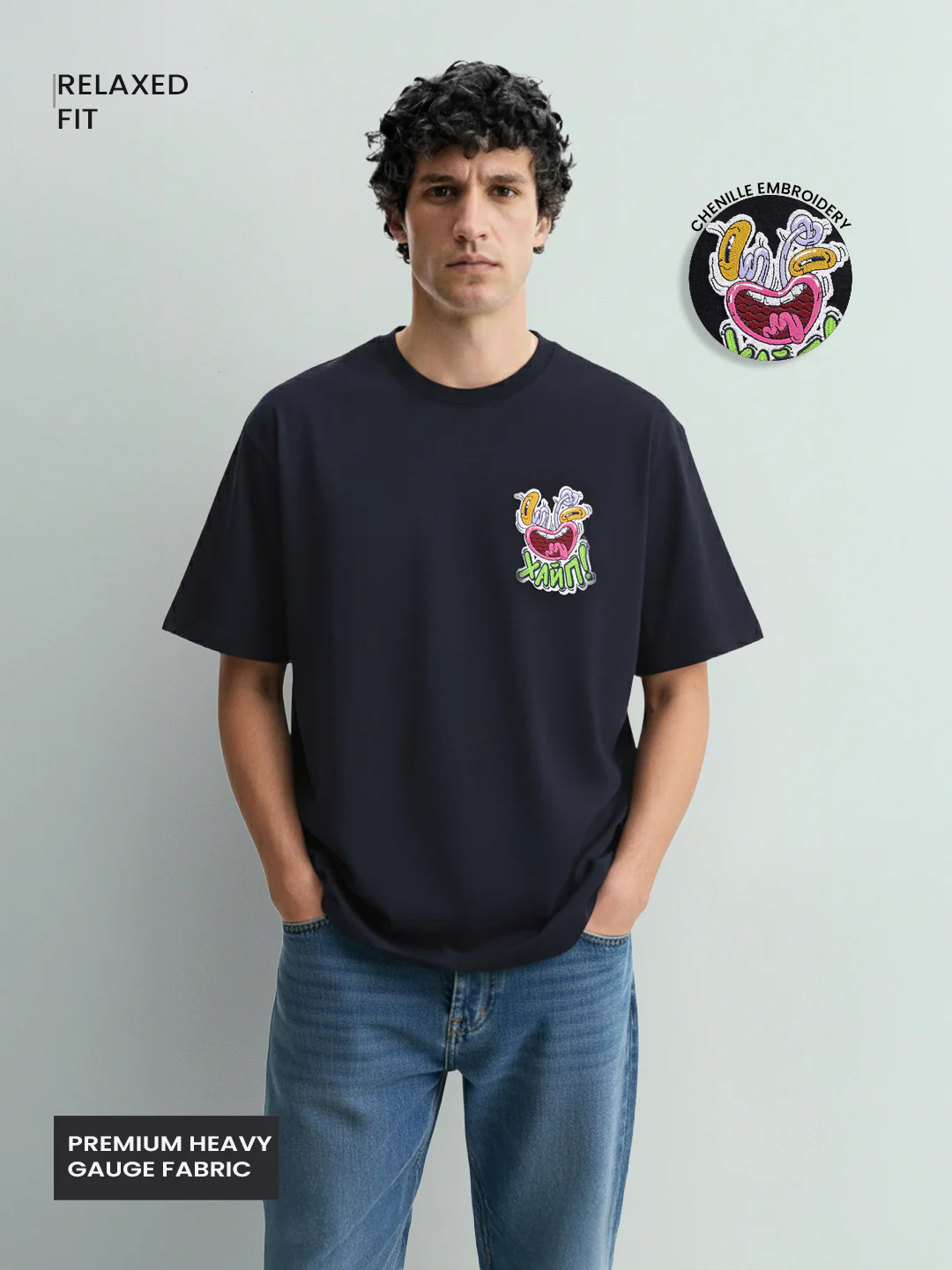 Men's Blue Relaxed Fit Embroided 240 GSM Graphic  T-Shirt - Image 4