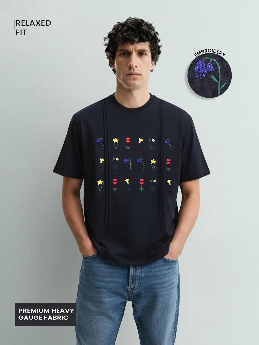 Men's Blue Relaxed Fit Embroided 240 GSM Resort Wear T-Shirt - Image 3