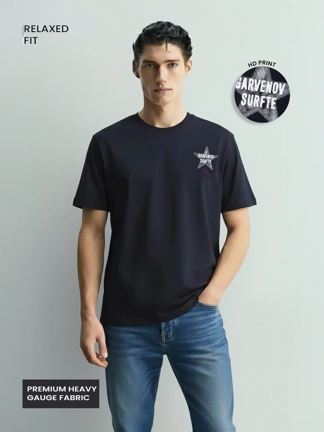 Men's Blue Relaxed Fit Graphic Printed 240 GSM Casual T-Shirt - Image 4