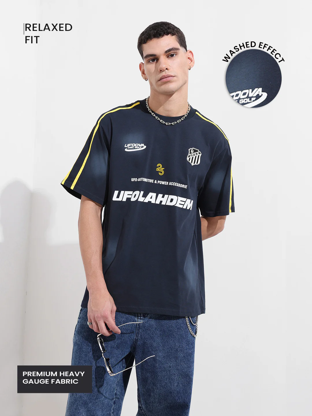 Men's Blue Relaxed Fit Graphic Printed 240 GSM Street Wear T-Shirt - Image 4