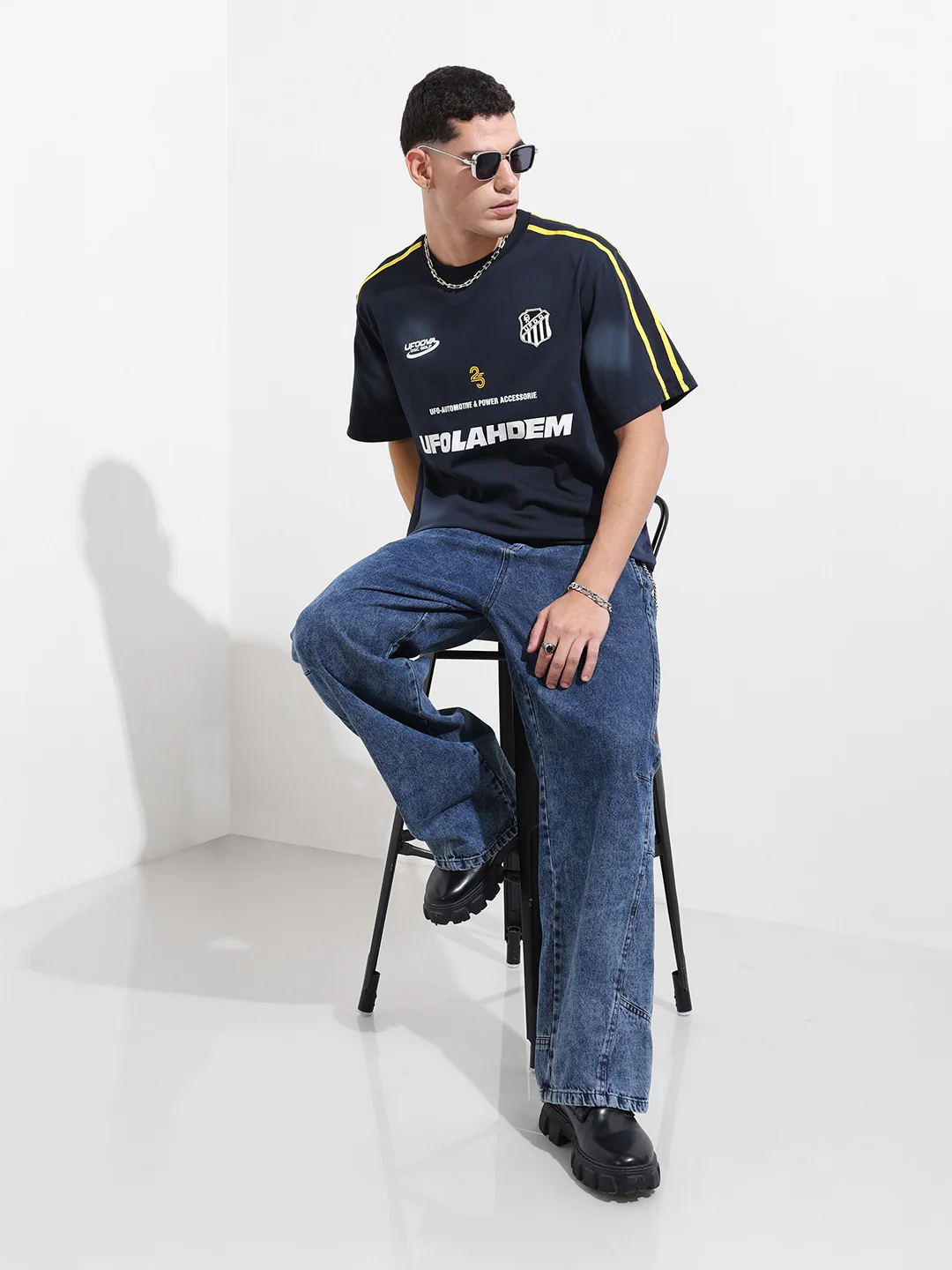 Men's Blue Relaxed Fit Graphic Printed 240 GSM Street Wear T-Shirt - Image 5