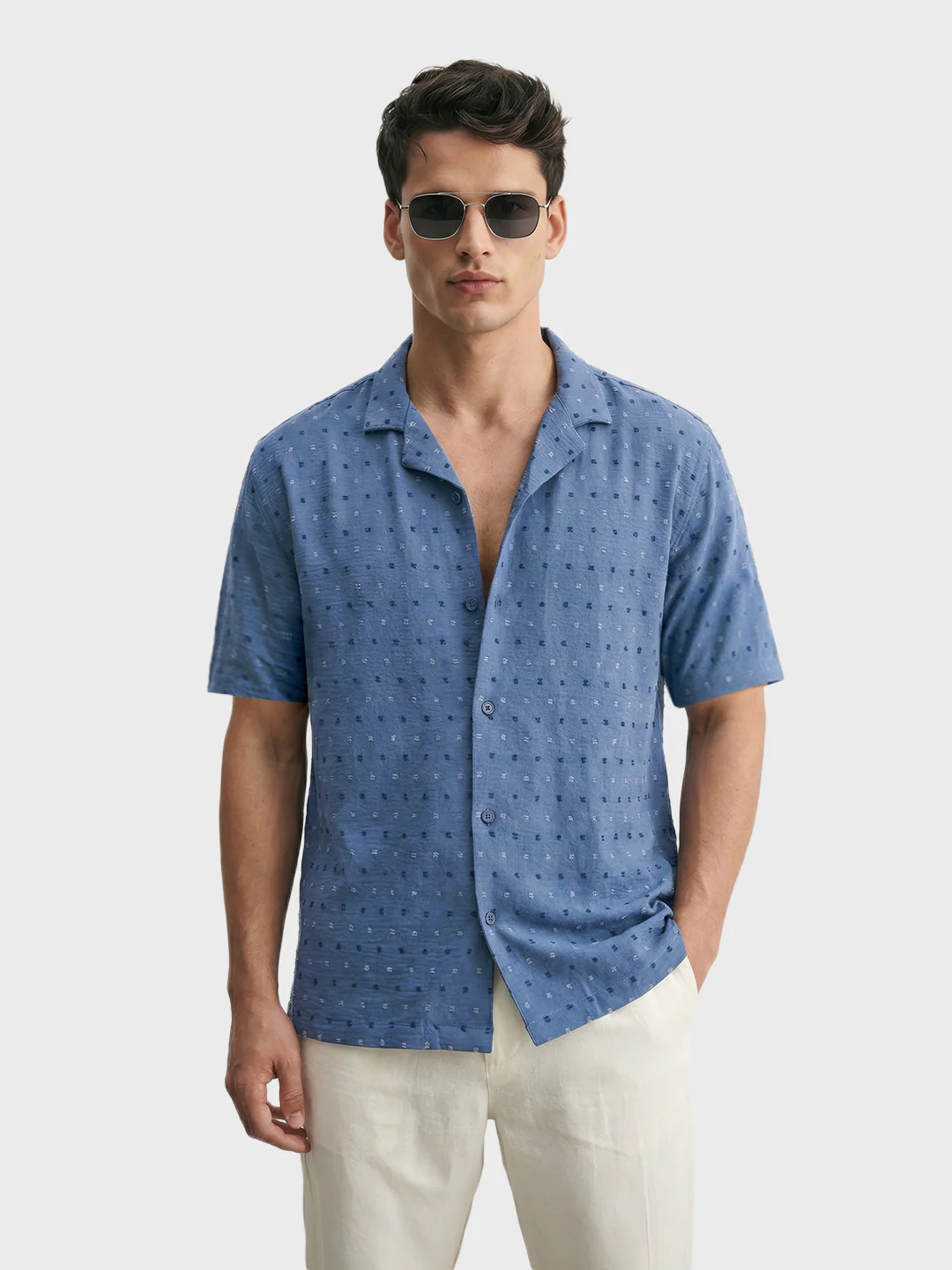 Men's Blue Relaxed Fit Resort Wear Textured Shirt - Image 2
