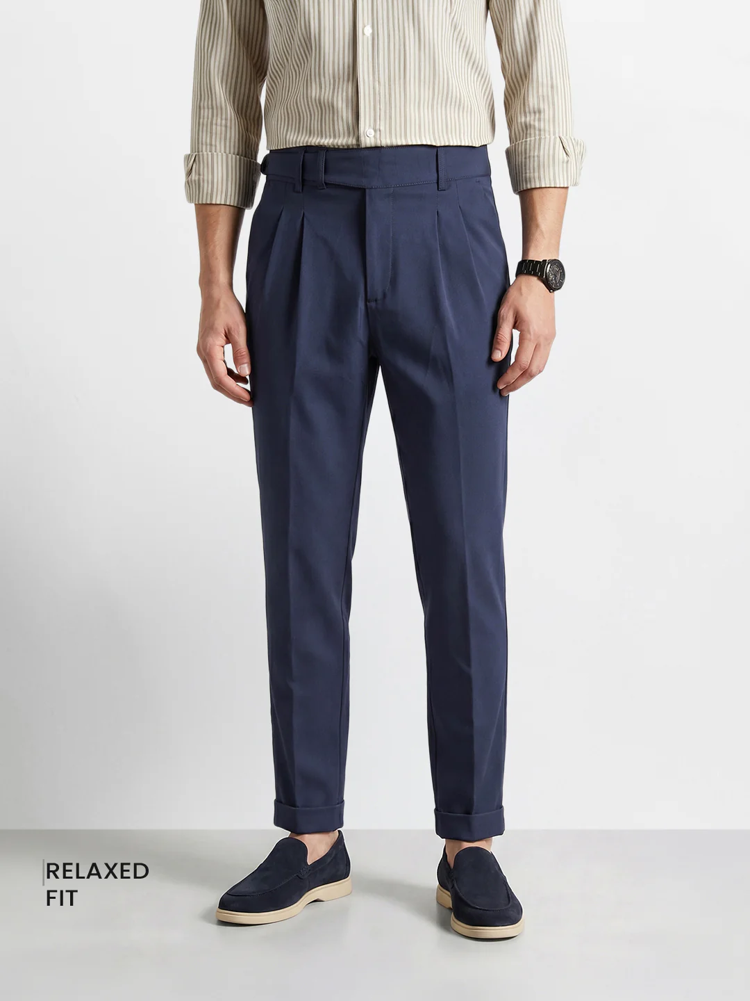 Men's Blue Relaxed Fit Solid Casual Trousers - Image 2