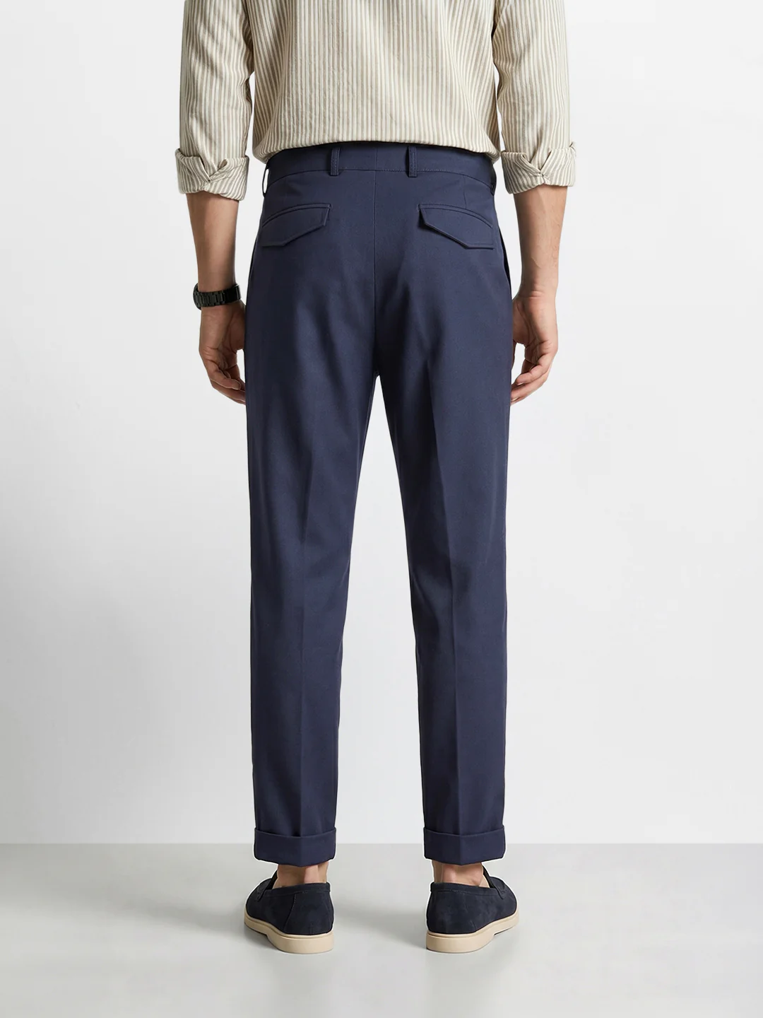 Men's Blue Relaxed Fit Solid Casual Trousers - Image 5