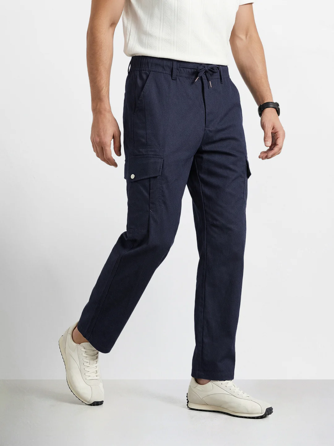 Men's Blue Relaxed Fit Solid Utility Joggers - Image 3