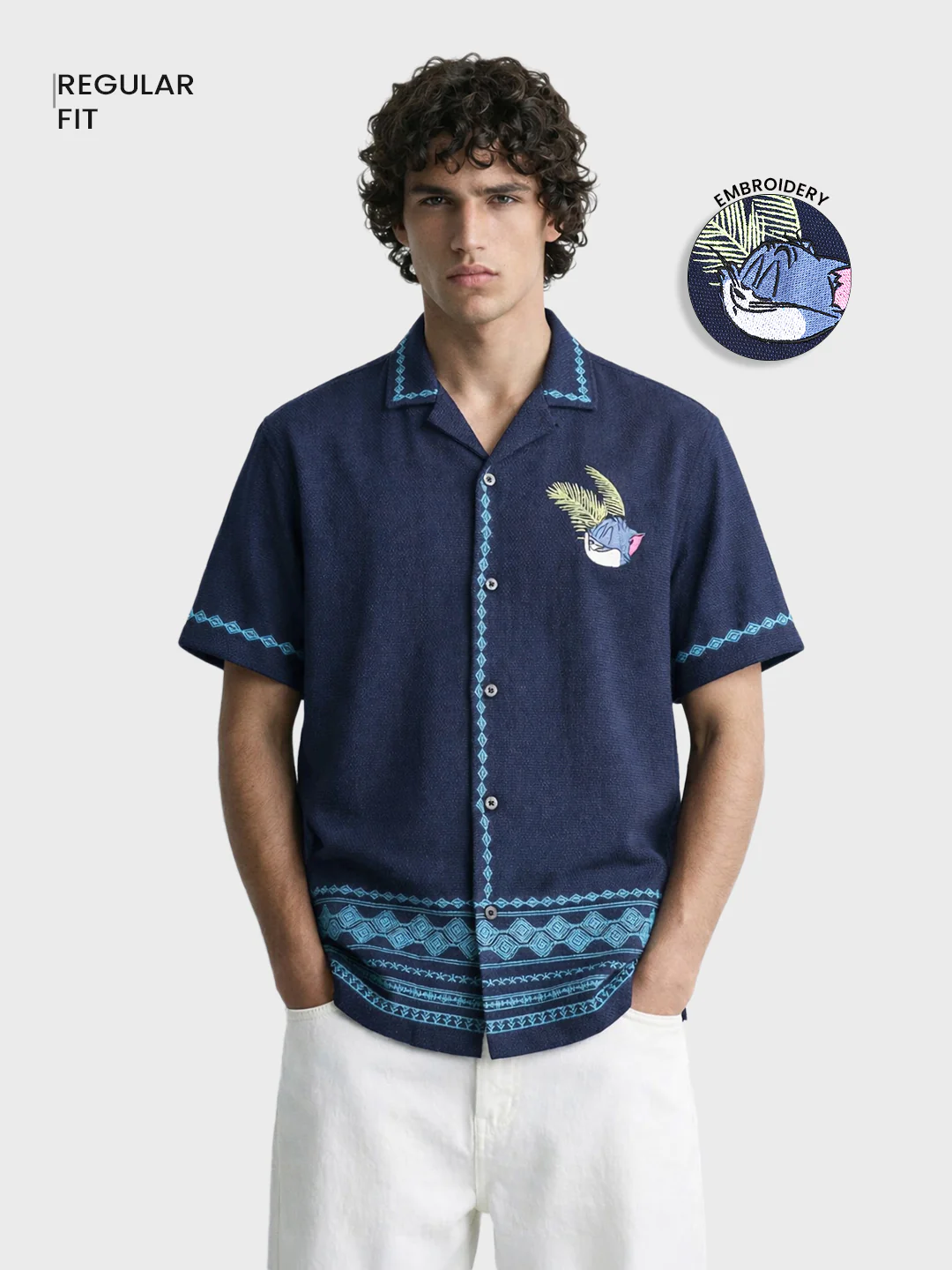 Men's Blue Relaxed Fit Embroidered Shirt - Image 2