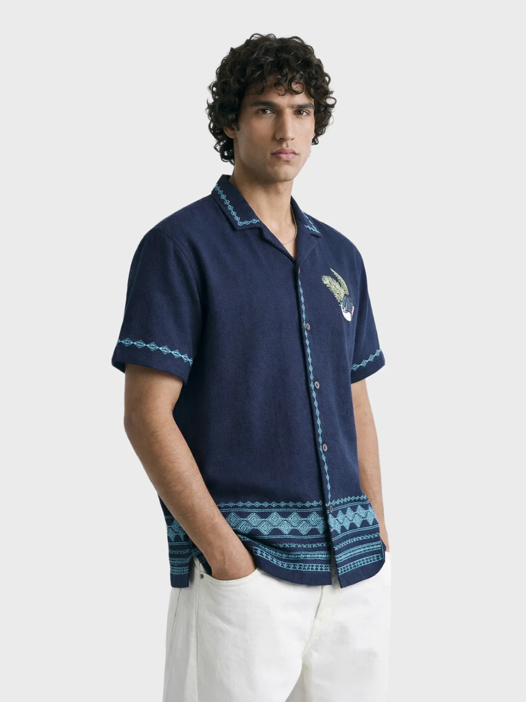 Men's Blue Relaxed Fit Embroidered Shirt - Image 3