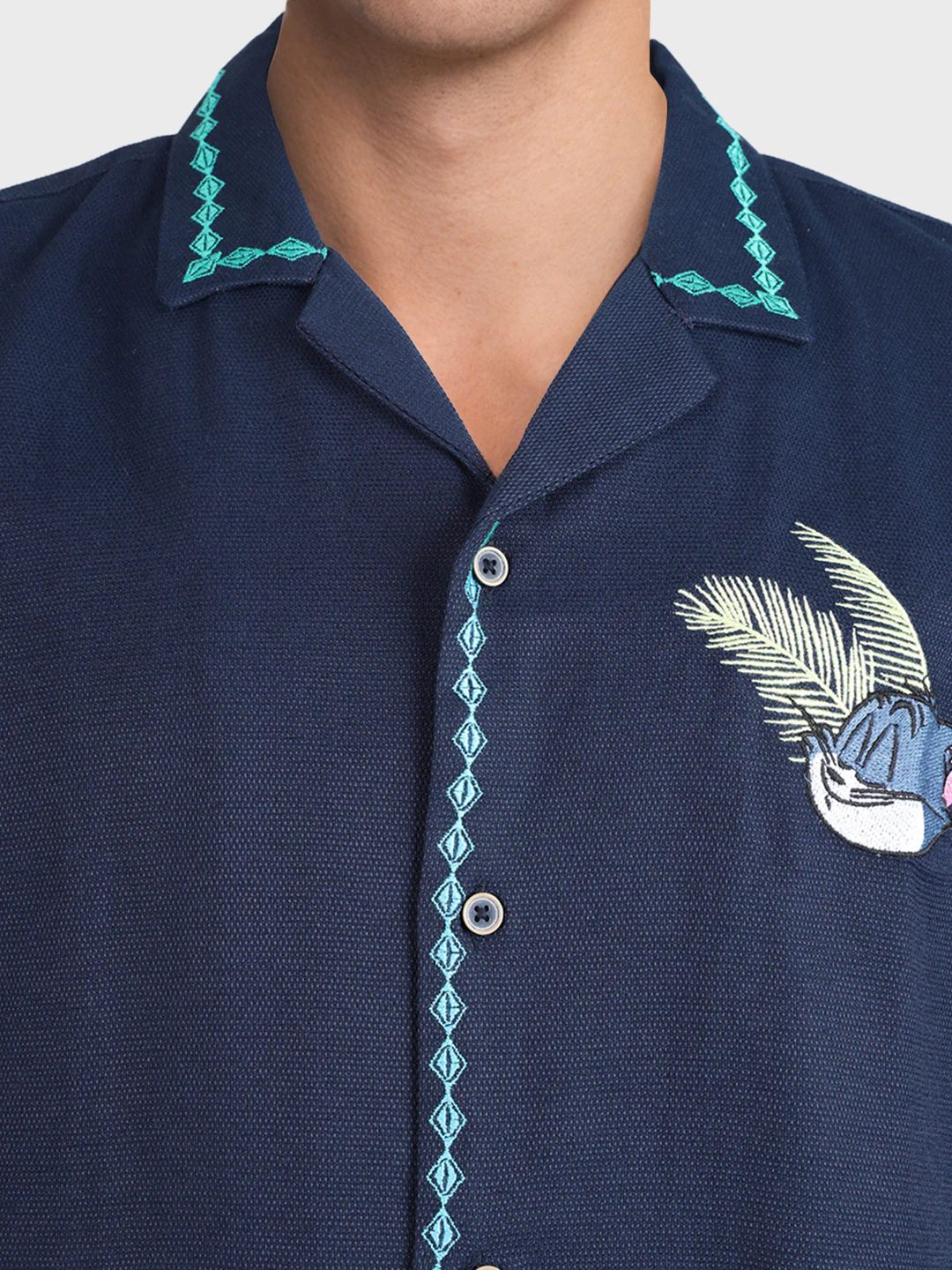 Men's Blue Relaxed Fit Embroidered Shirt - Image 7