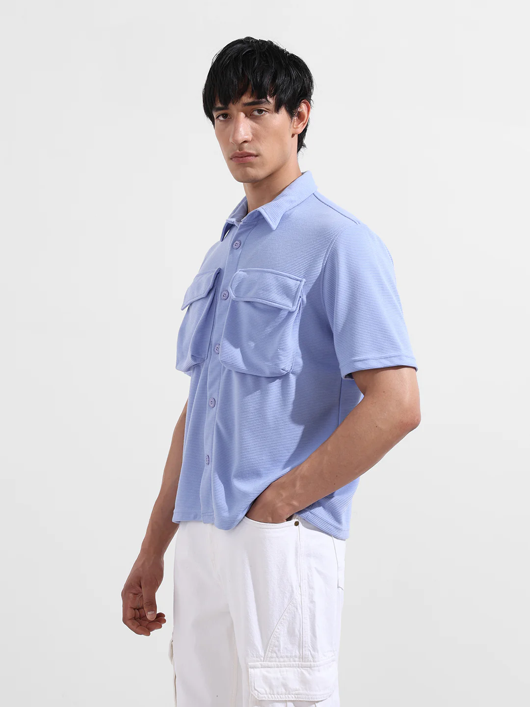 Men's Blue Relaxed Fit Solid Street Wear Shirt - Image 3