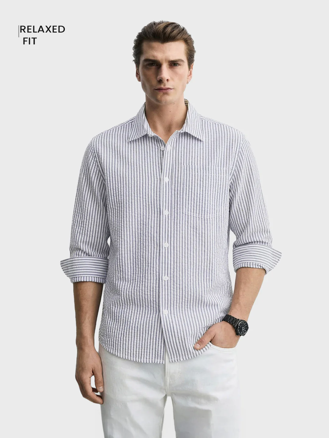 Men's Blue Relaxed Fit Striped Casual Shirt - Image 2