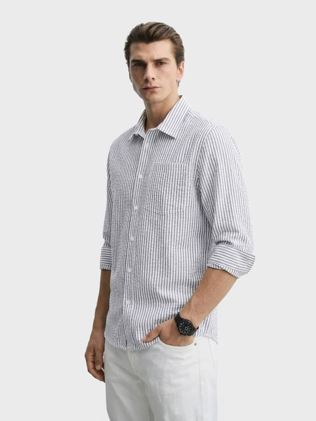 Men's Blue Relaxed Fit Striped Casual Shirt - Image 3