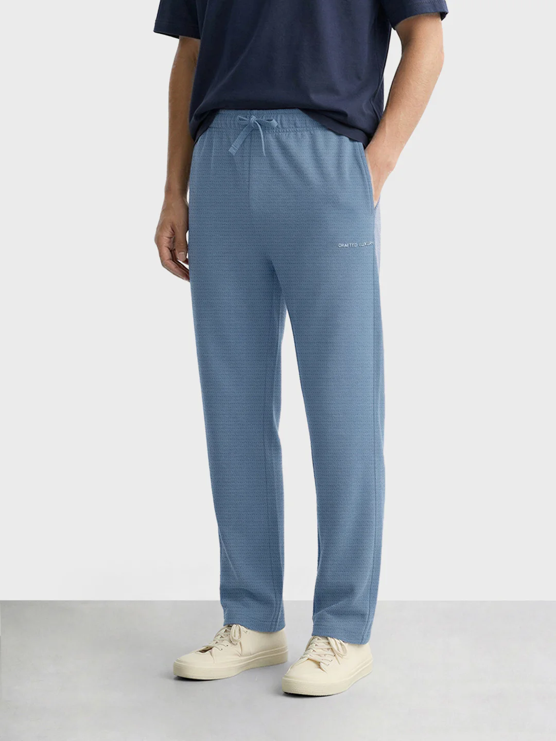 Men's Blue Relaxed Fit Textured Casual Joggers - Image 2