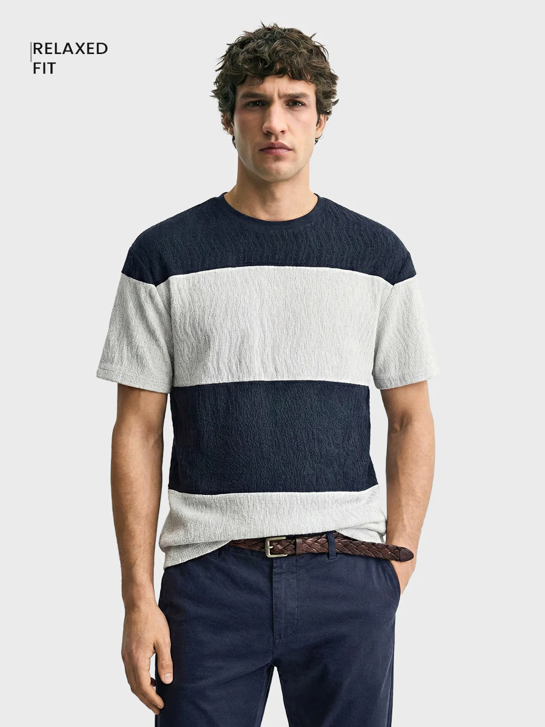 Men's Blue Relaxed Fit Textured Casual T-Shirts - Image 2