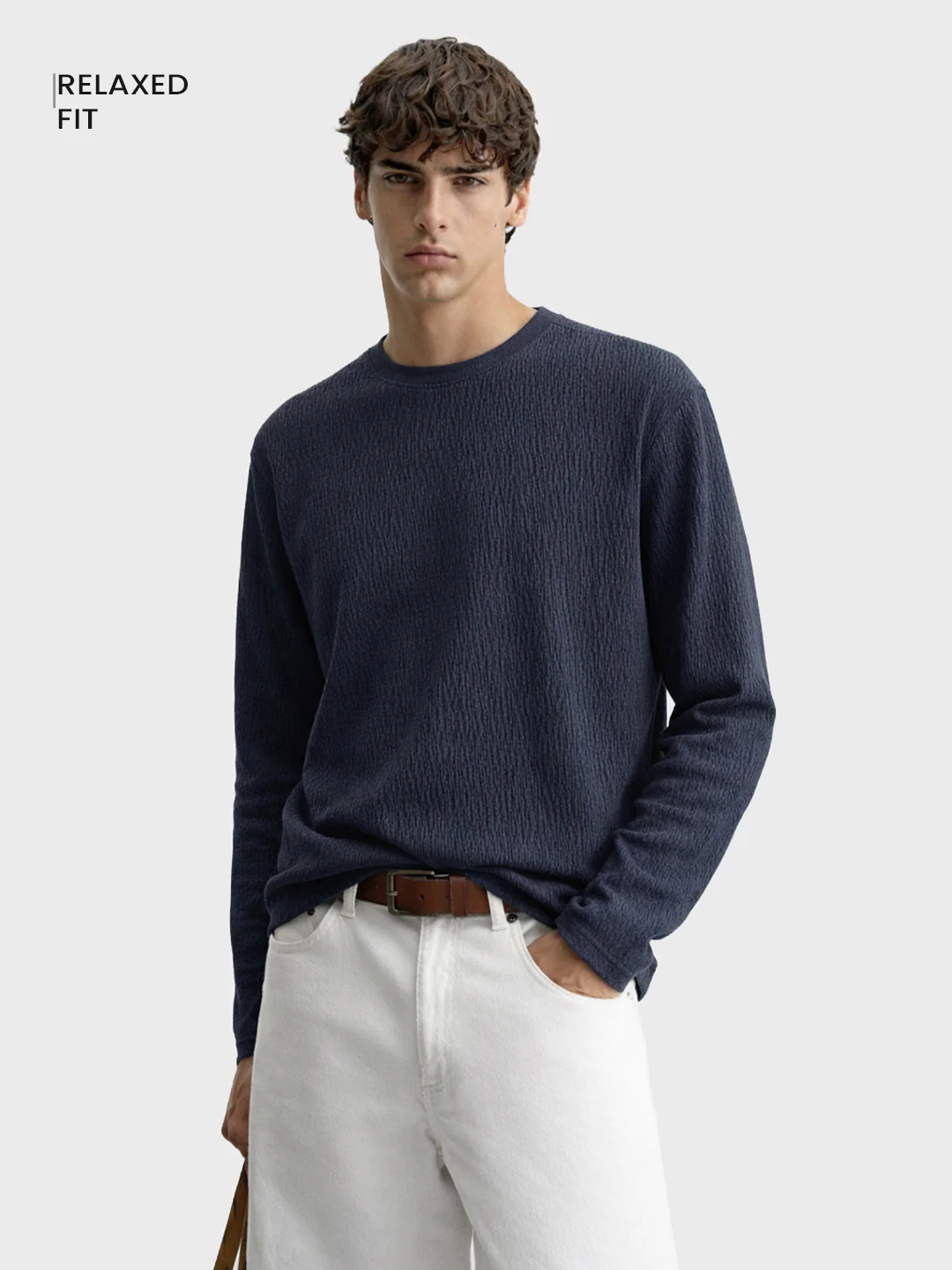 Men's Blue Relaxed Fit Textured Casual T-Shirts - Image 2