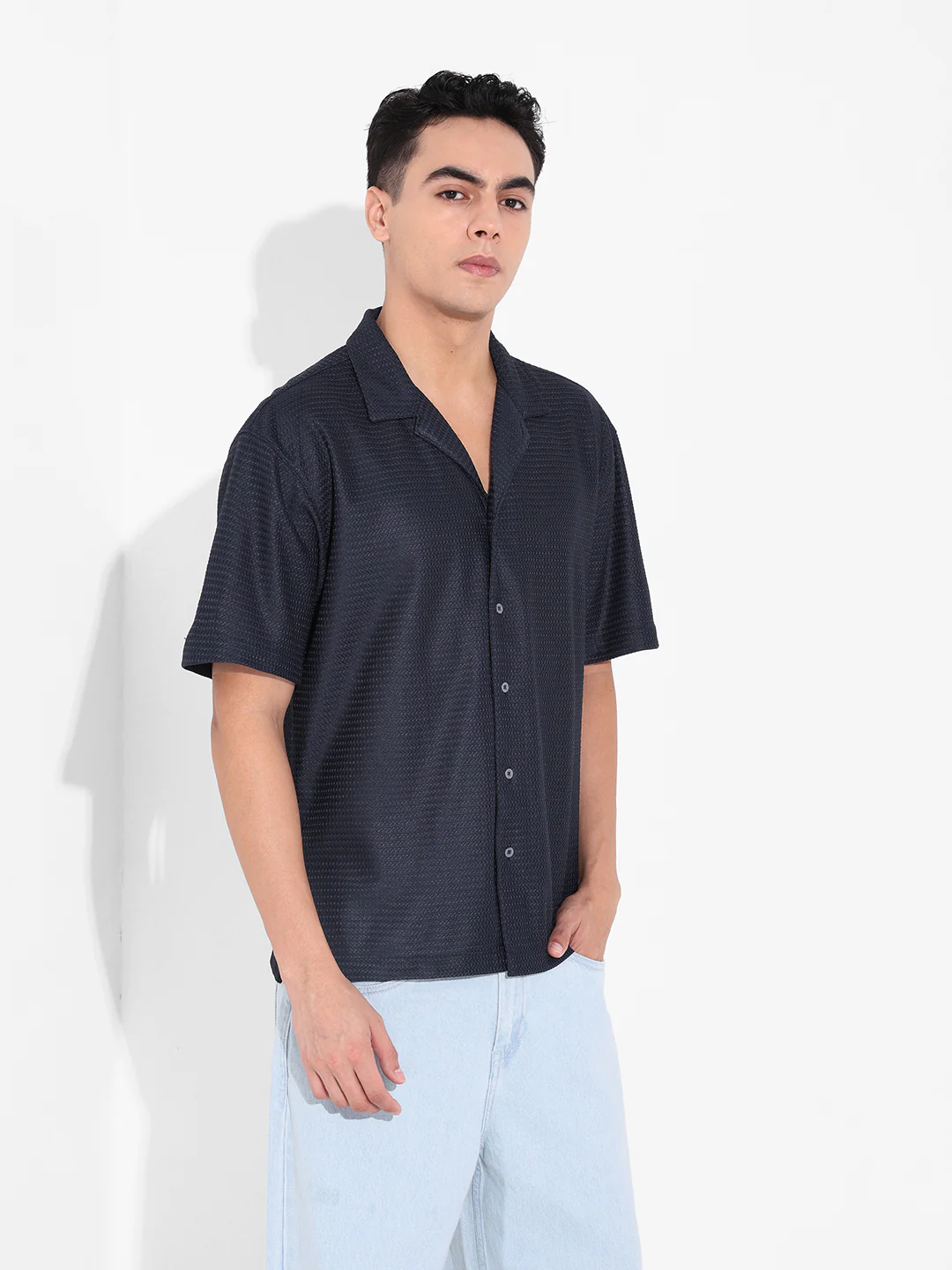 Men's Blue Relaxed Fit Textured Resort Wear Shirt - Image 2