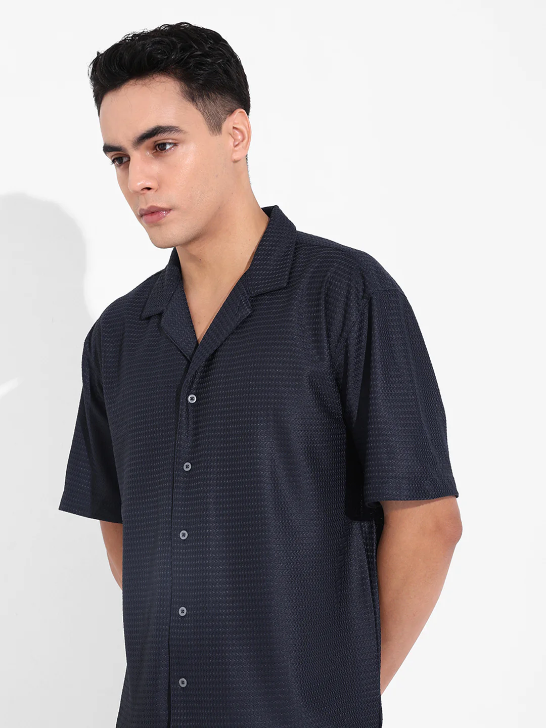 Men's Blue Relaxed Fit Textured Resort Wear Shirt - Image 3