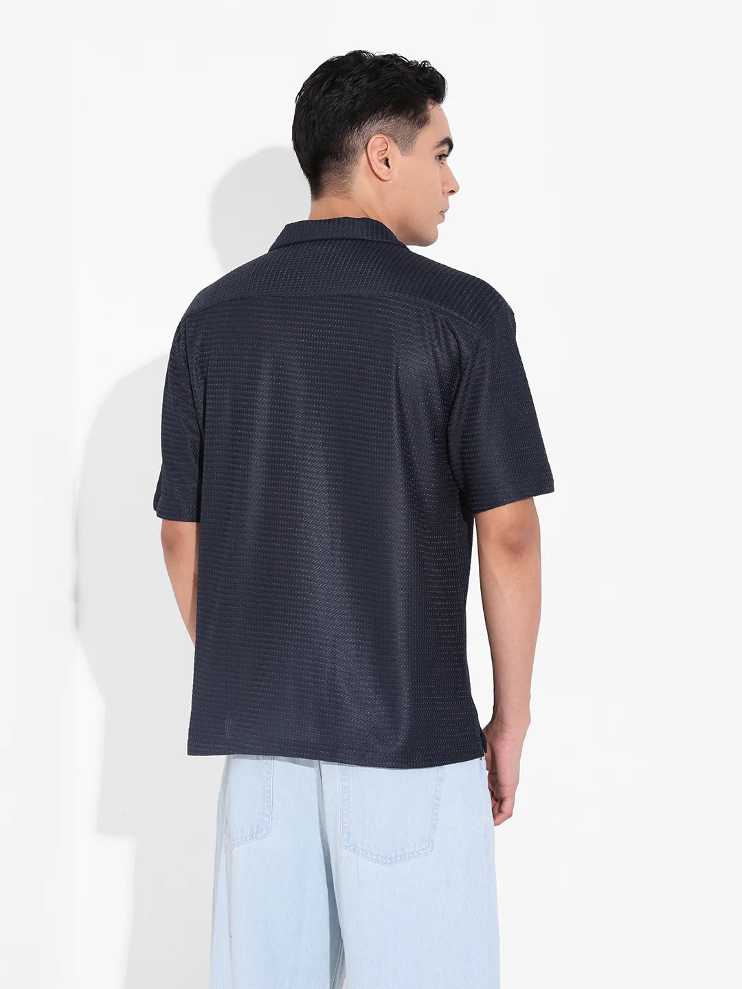 Men's Blue Relaxed Fit Textured Resort Wear Shirt - Image 4