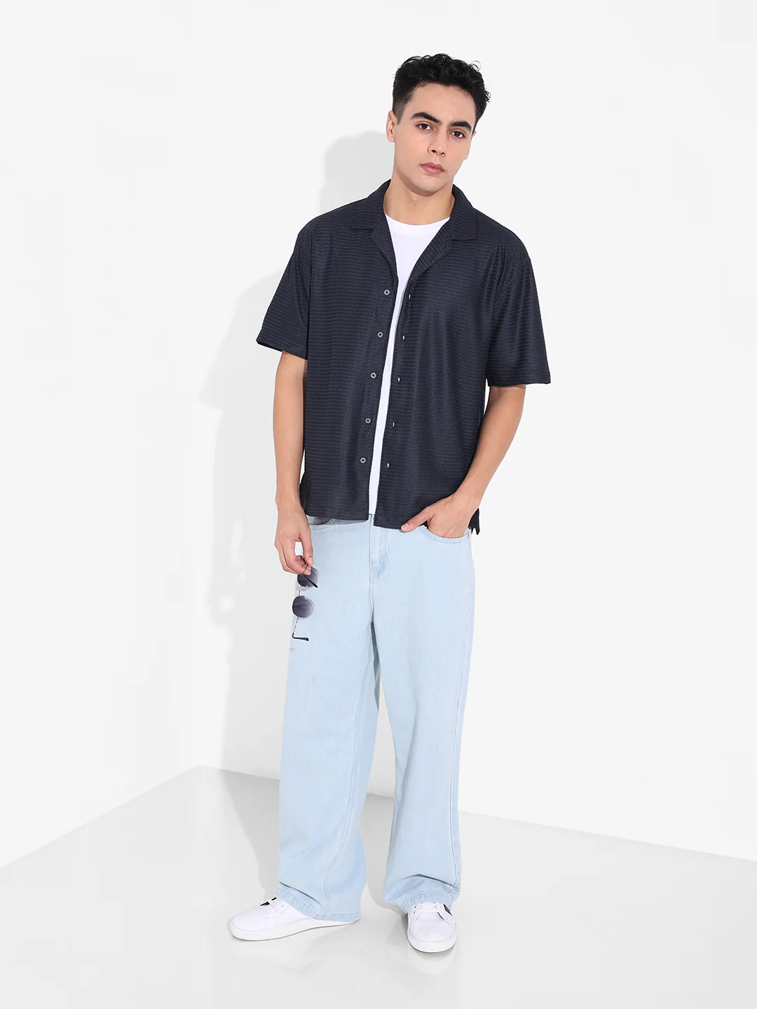 Men's Blue Relaxed Fit Textured Resort Wear Shirt - Image 5