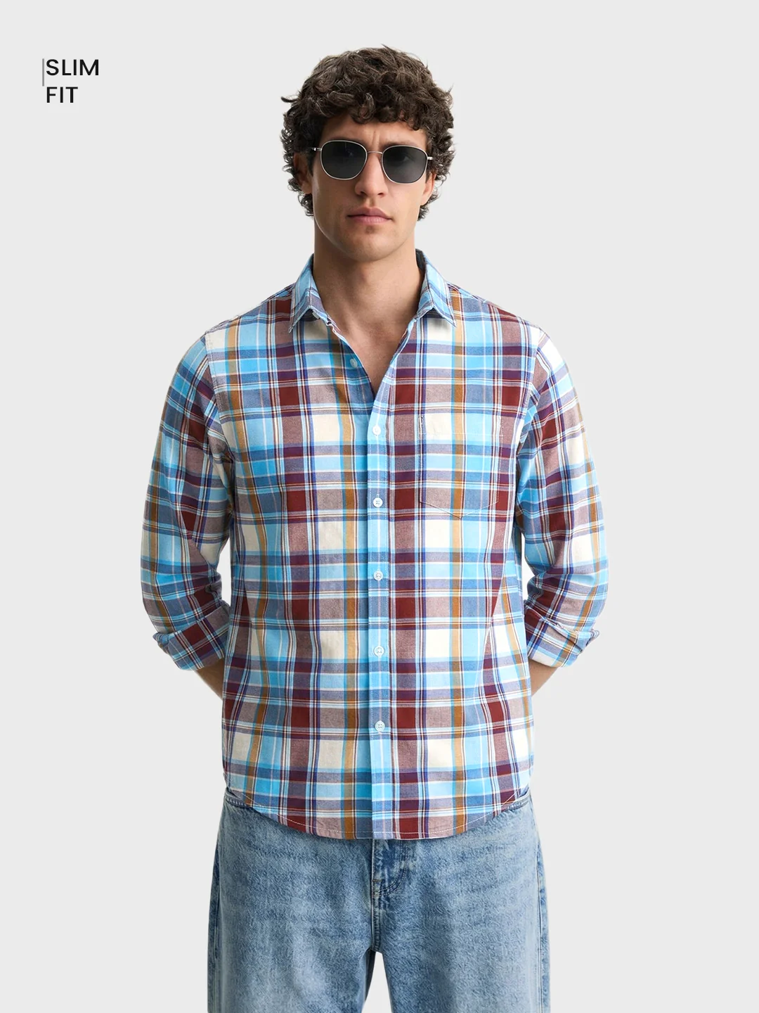 Men's Blue Slim Fit Checked Casual Shirt - Image 2