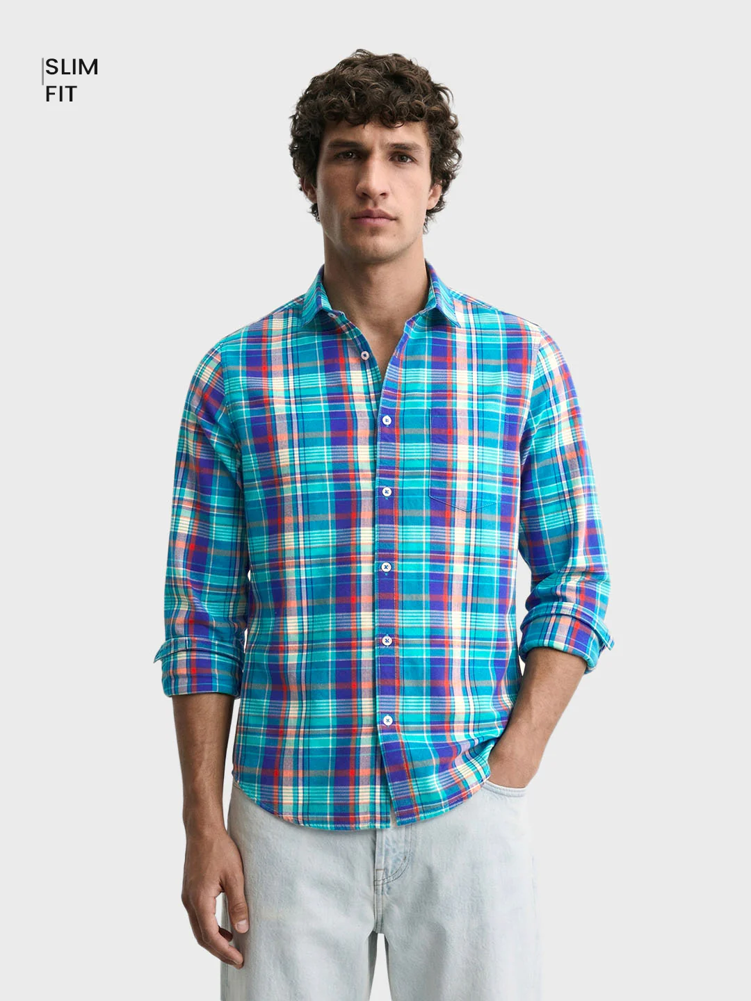Men's Blue Slim Fit Checked Casual Shirt - Image 2