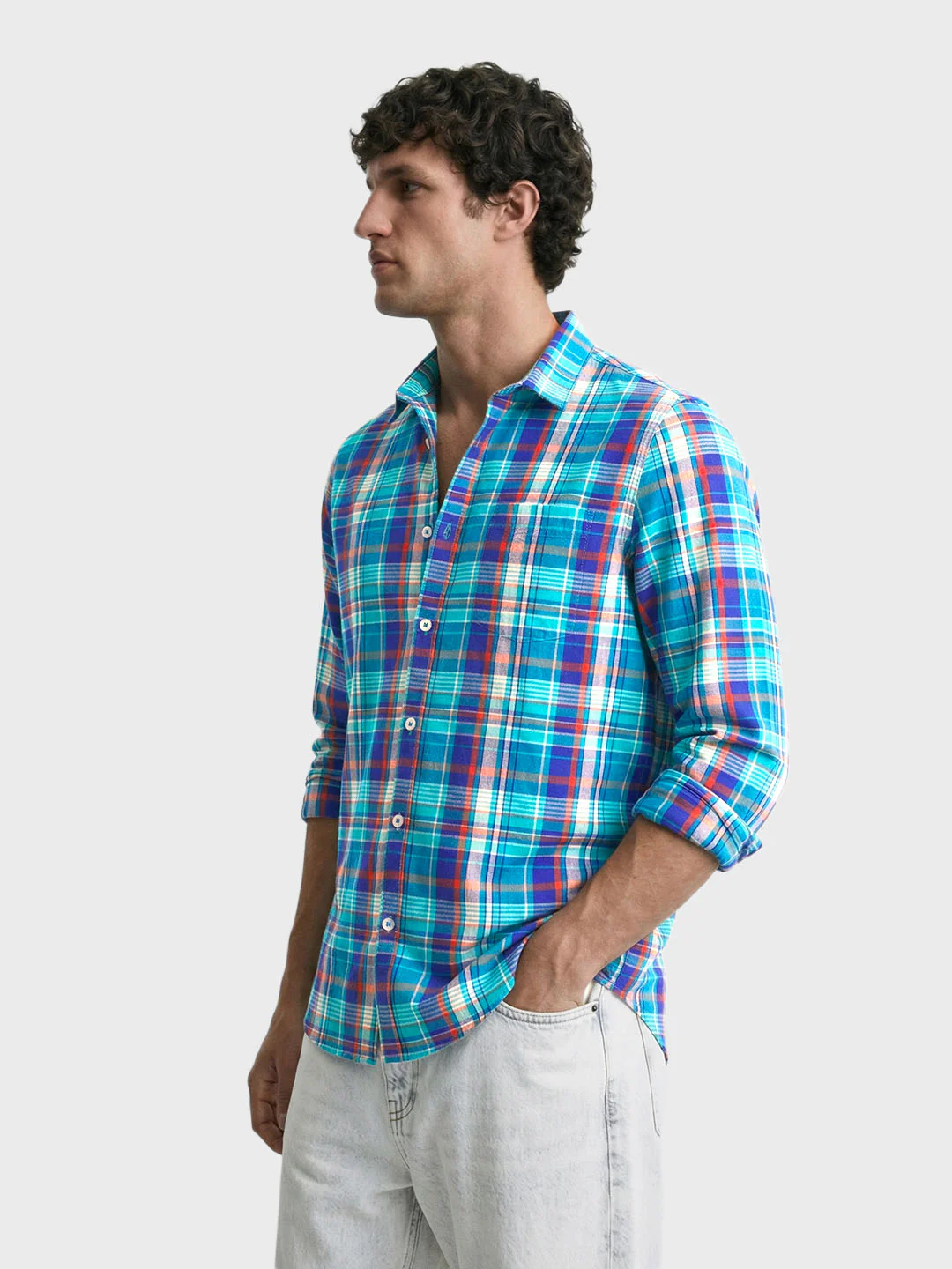 Men's Blue Slim Fit Checked Casual Shirt - Image 4