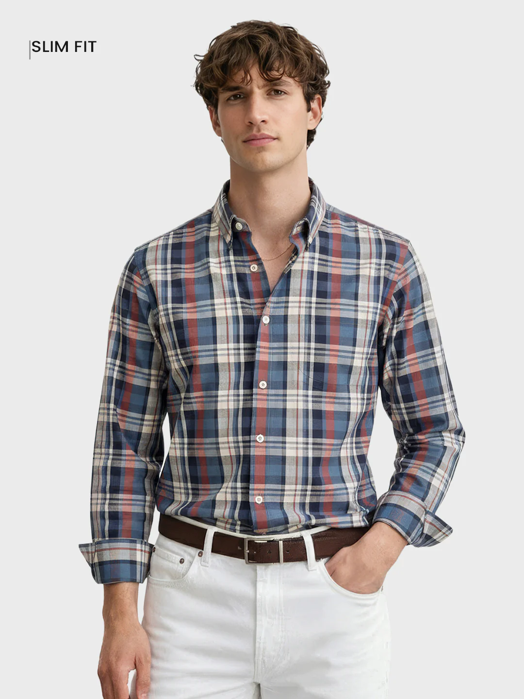 Men's Blue Slim Fit Checked Casual Shirt - Image 2