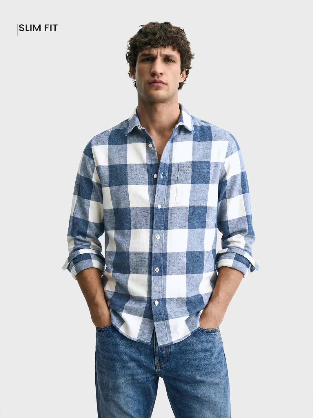 Men's Blue Slim Fit Checkered Casual Shirt - Image 2