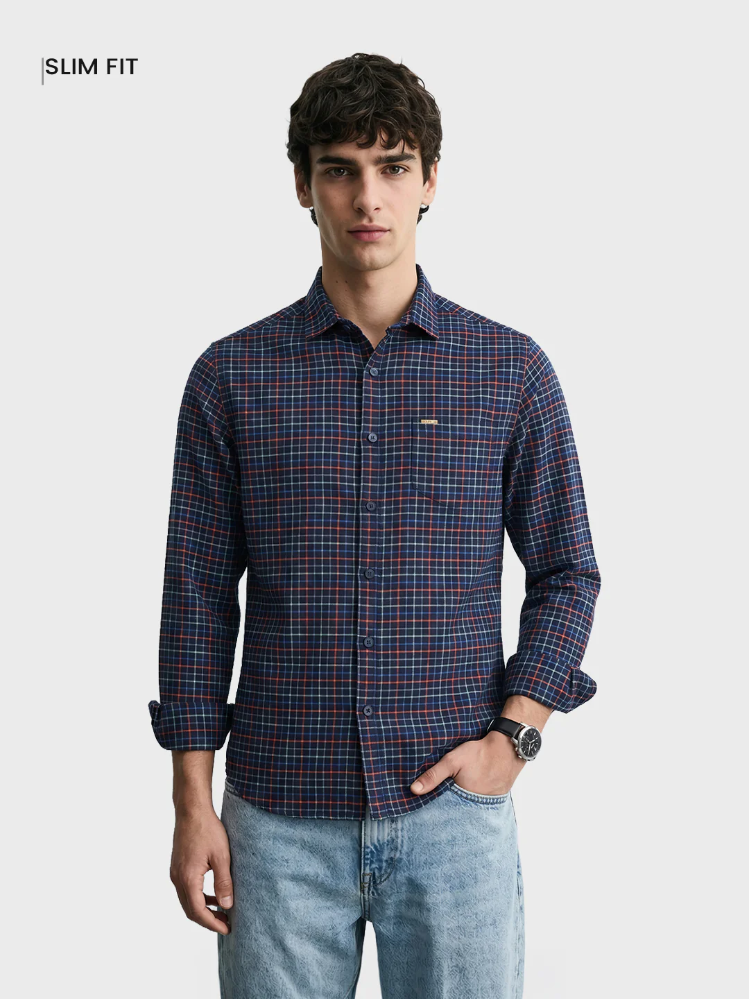 Men's Blue Slim Fit Checkered Casual Shirt - Image 2
