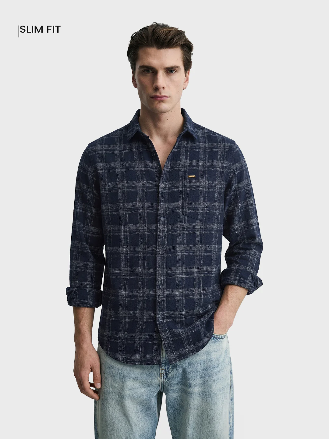 Men's Blue Slim Fit Checkered Casual Shirt - Image 2