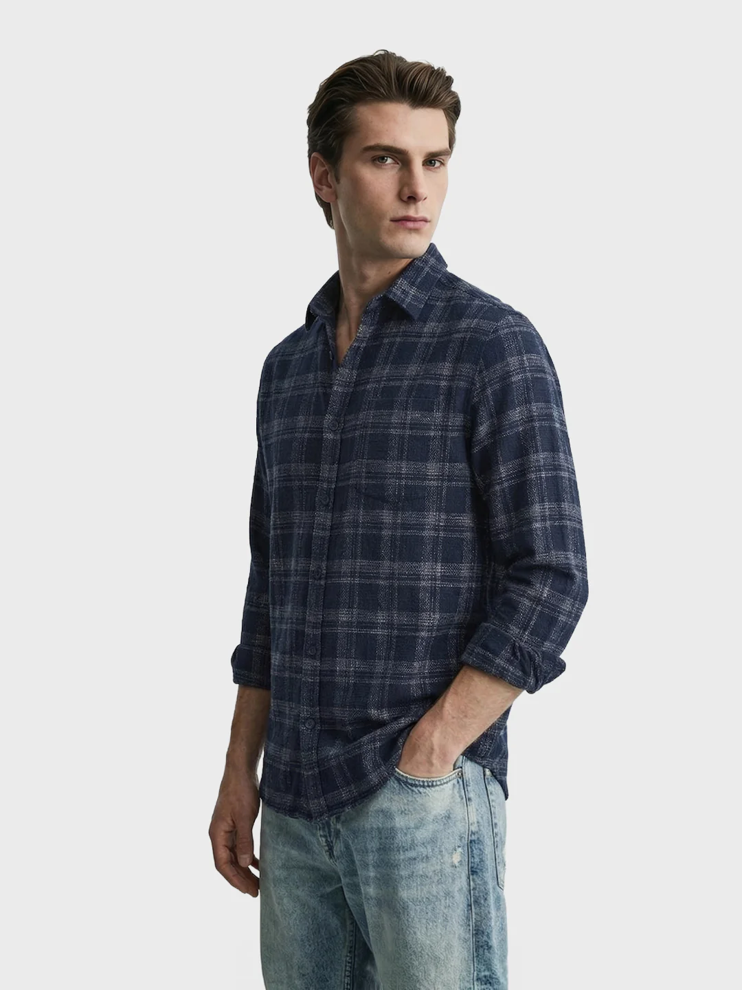 Men's Blue Slim Fit Checkered Casual Shirt - Image 3