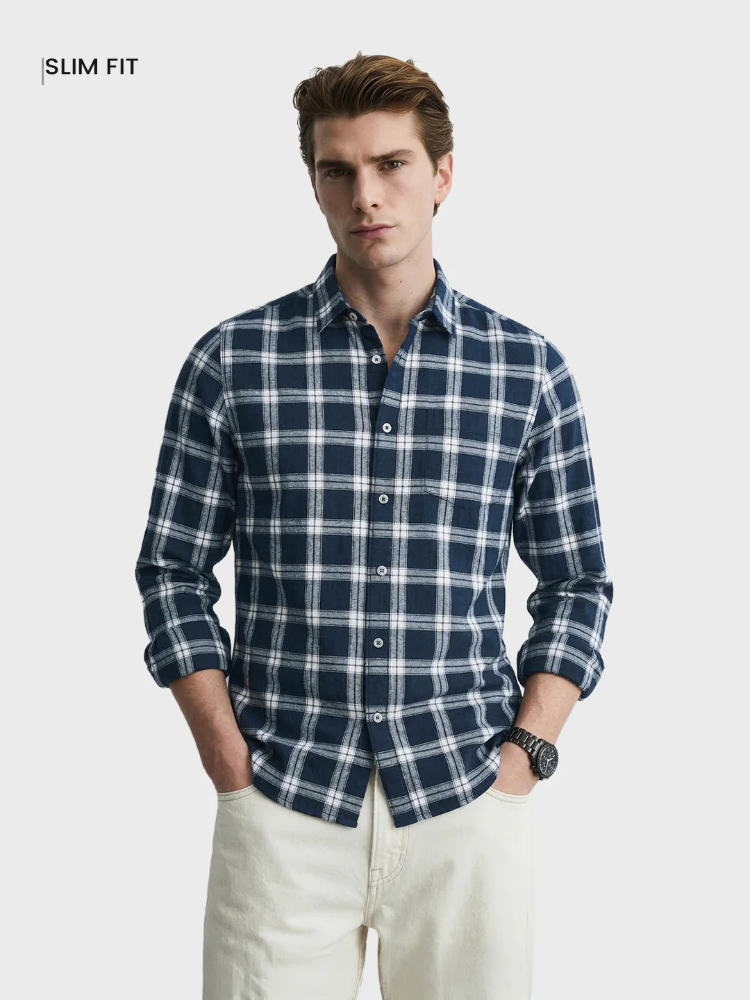 Men's Blue Slim Fit Checkered Casual Shirts - Image 2