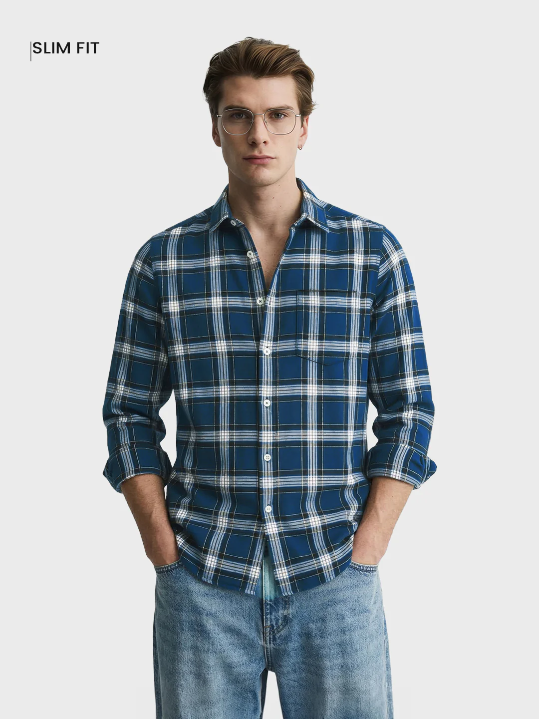 Men's Blue Slim Fit Checkered Casual Shirts - Image 2