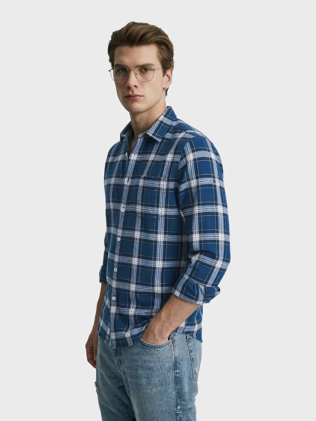 Men's Blue Slim Fit Checkered Casual Shirts - Image 4